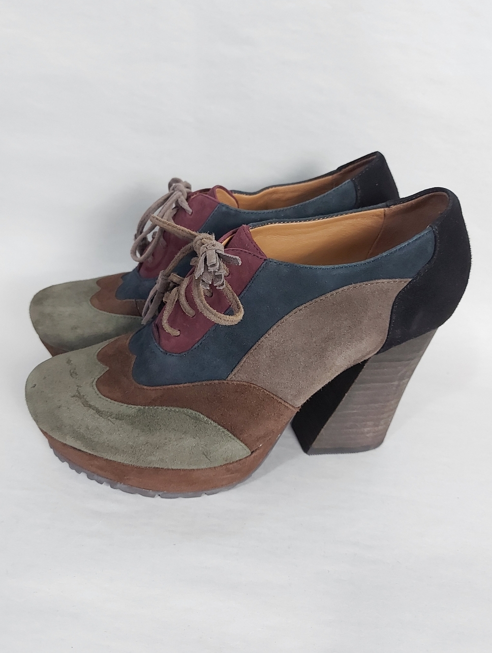 Earthies Skelling Funky Colorblock Block Chunky Heels Laceup Platform Booties 6